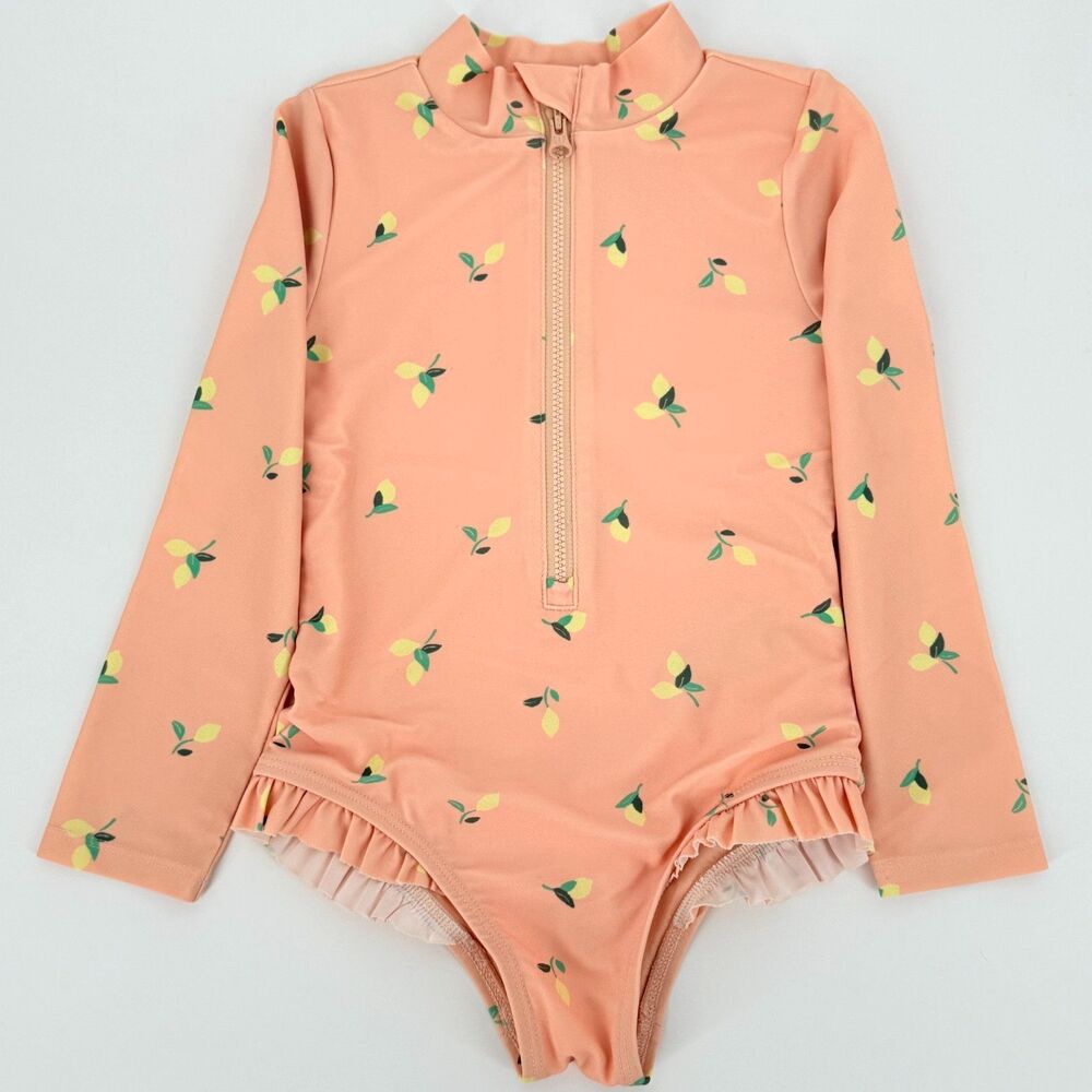 GAP Rash Guard Toddler Girl Swimsuit 4Y Coral Lemon Print Long Sleeve Half Zip